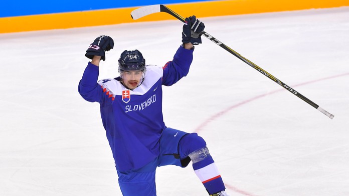 Gólman ruského olympijského výberu Vasilij Ničuškin počas duelu so Slovenskom na ZOH 2018.