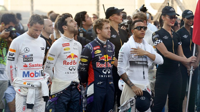 Lewis Hamilton (Mercedes), Sebastian Vettel a Daniel Ricciardo (Red Bull)  a Jenson Button (McLaren Mercedes)