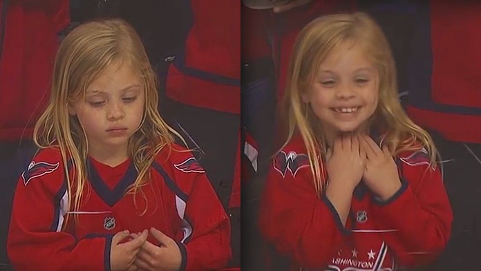 Malá fanúšička pred a po získaní cenného suveníru.