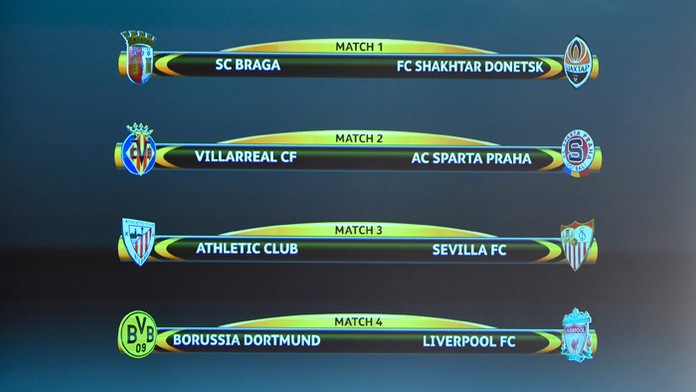 Tabuľka so štvrťfinálovými dvojicami Európskej ligy 2015/2016 po žrebe v sídle UEFA.