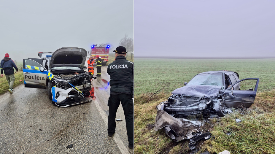 FOTO: Čelná zrážka policajtov. Hliadka prešla do protismeru