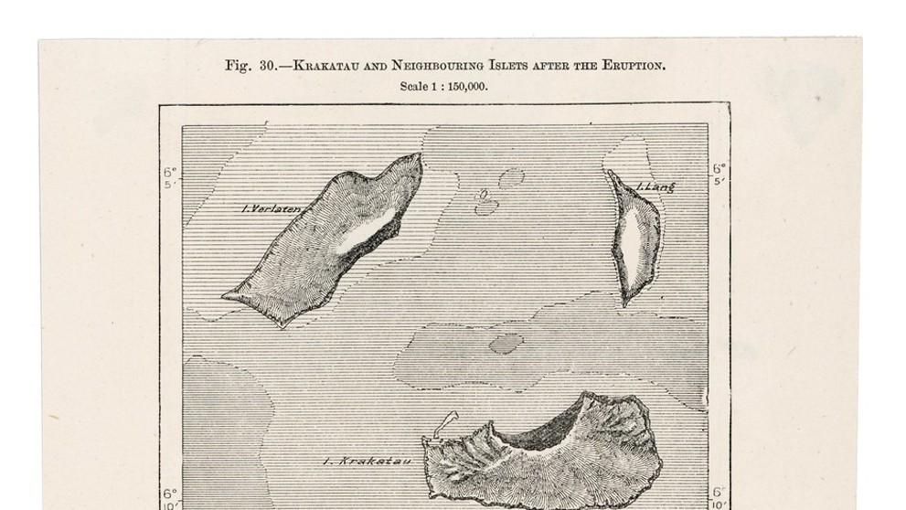 Krakatoa pred výbuchom a po ňom.
