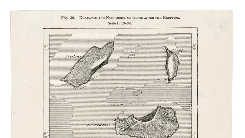 Krakatoa pred výbuchom a po ňom.