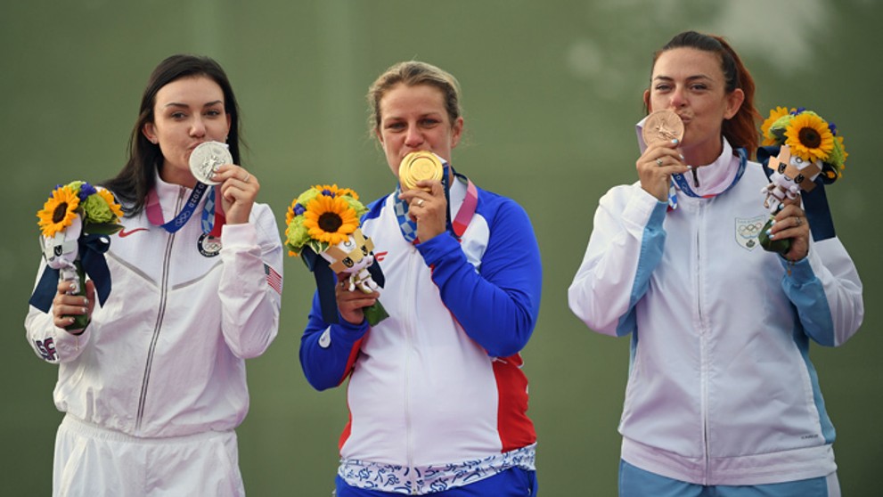 Medailistky v trape Kayle Browningová (striebro), olympijská víťazka Zuzana Rehák Štefečeková a Alessandra Perilliová (bronz).