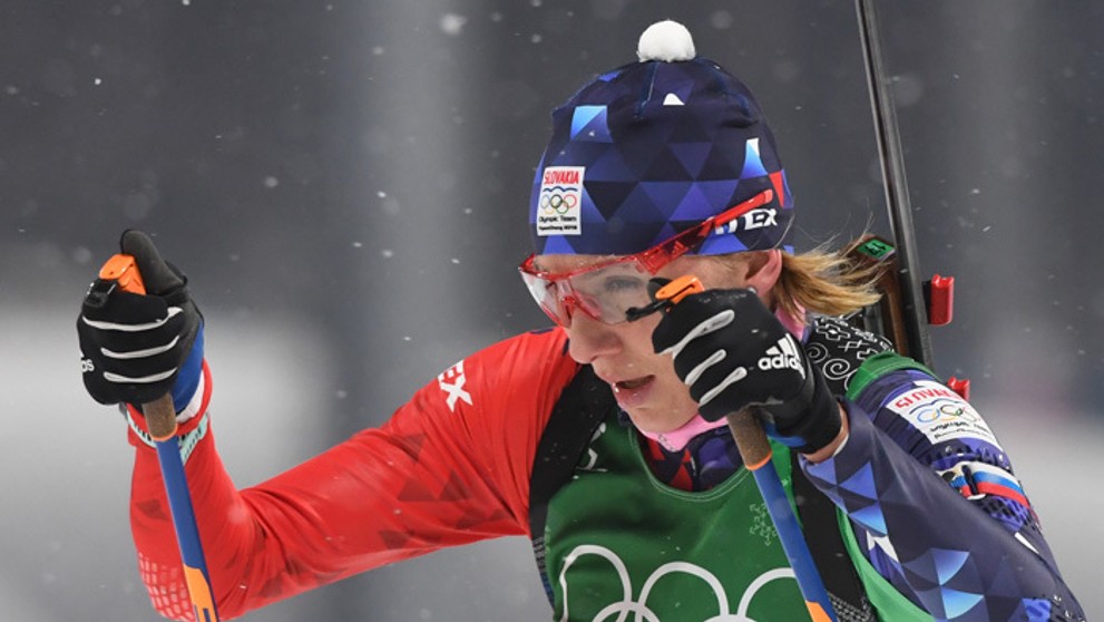 Anastasia Kuzminová v štafete žien na 4x6 km na ZOH 2018 v juhokórejskom Pjongčangu.