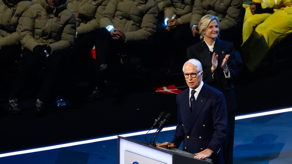 Na snímke prezident organizačného výboru Miláno-Cortina Giovanni Malago a prezidentka MOV Kirsty Coventryová.