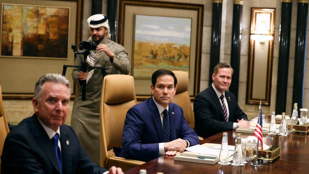Na snímke zľava Trumpov vyslanec pre Blízky východ Steve Witkoff, šéf americkej diplomacie Marco Rubio a poradca pre národnú bezpečnosť Mike Waltz.