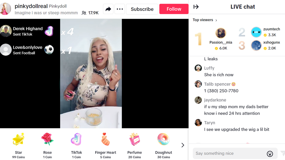 Živý prenos na TikToku Pinkydoll