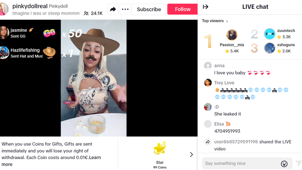 Živý prenos na TikToku Pinkydoll