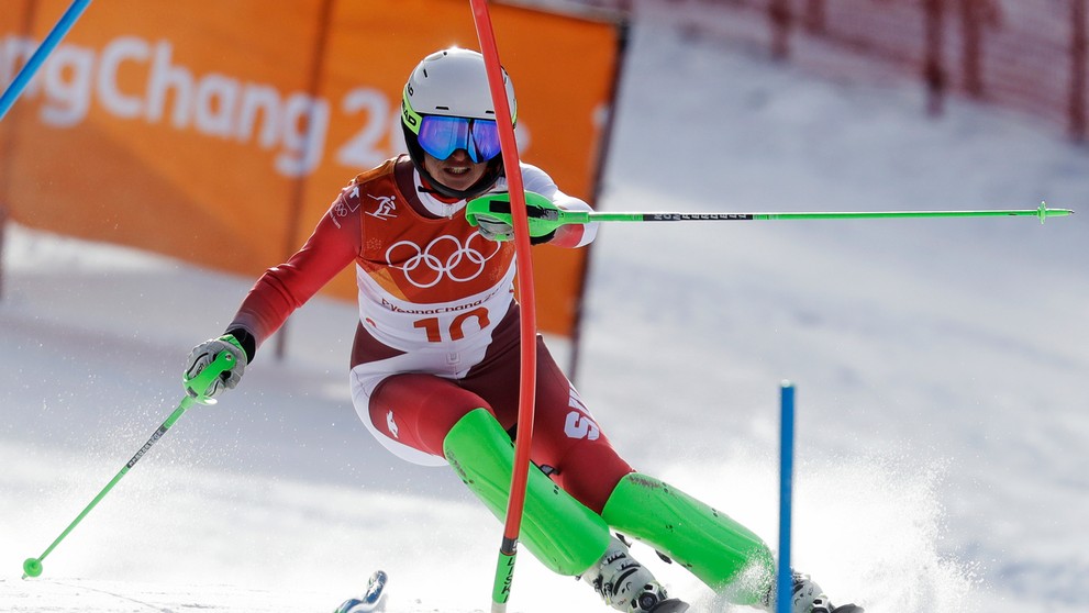 Nórka Nina Haverová-Losethová počas slalomu na ZOH 2018.
