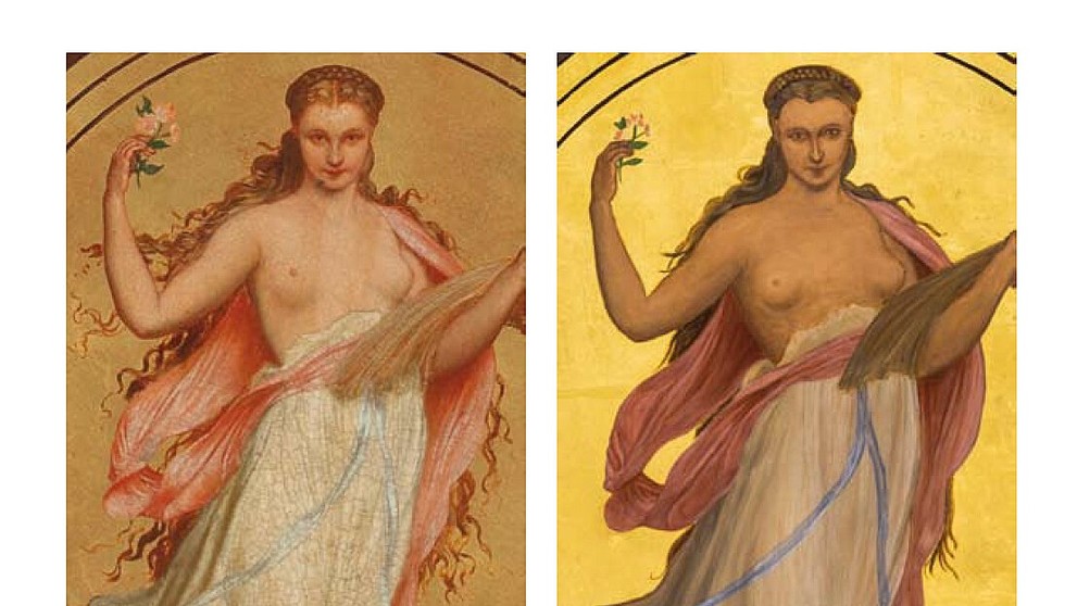 Postava znamenia Panny na Mánesovom origináli (Muzeum hlavního města Prahy) a jej „kópie“ z roku 2018.