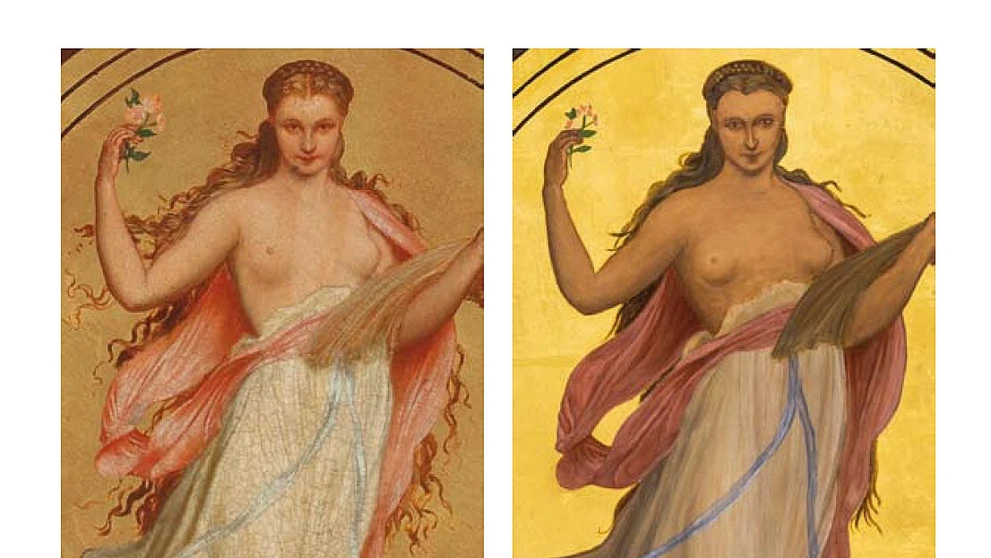 Postava znamenia Panny na Mánesovom origináli (Muzeum hlavního města Prahy) a jej „kópie“ z roku 2018.