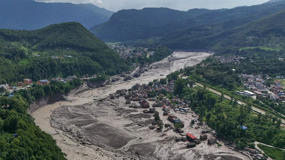Poškodené domy po lokálnych prívalových povodniach neďaleko rieky Trishuli v okrese Nuwakot v Nepále.