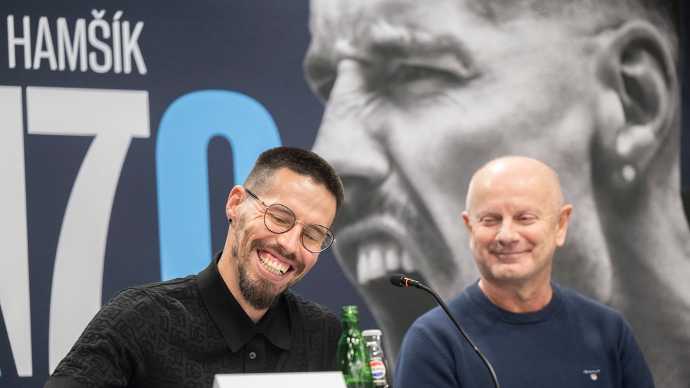 Na snímke zľava bývalý slovenský futbalista Marek Hamšík a hráčsky agent a bývalý Hamšíkov manažér Juraj Vengloš.