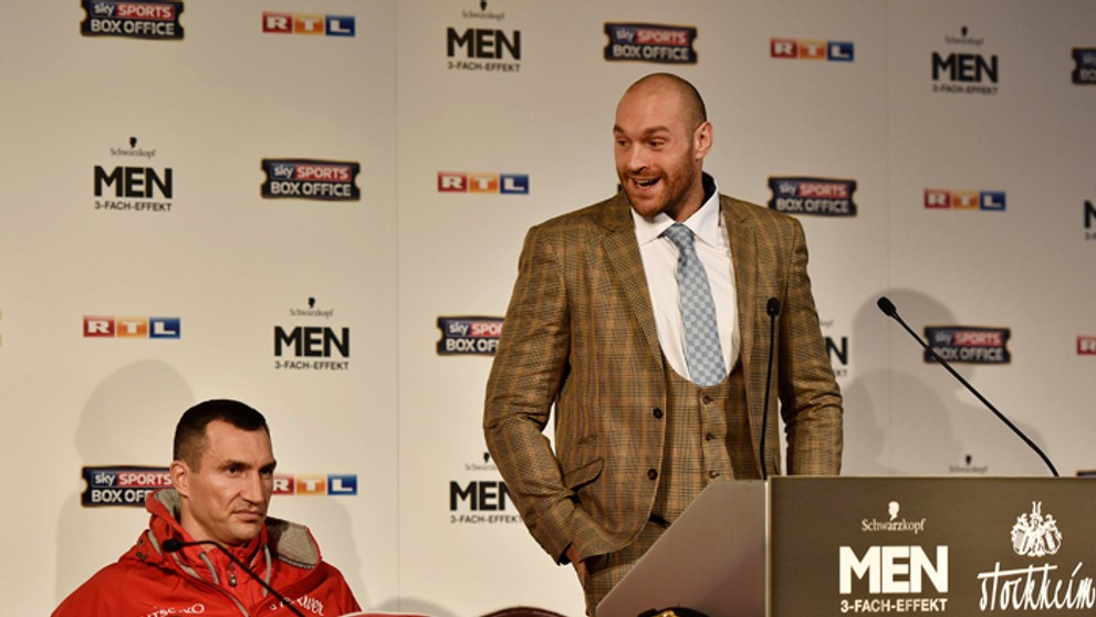 Spoločná tlačová konferencia Vladimíra Klička a Tysona Furyho pred duelom.