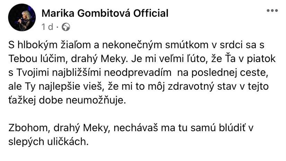 Rozlúčkový status Mariky Gombitovej pre Mekyho Žbirku.