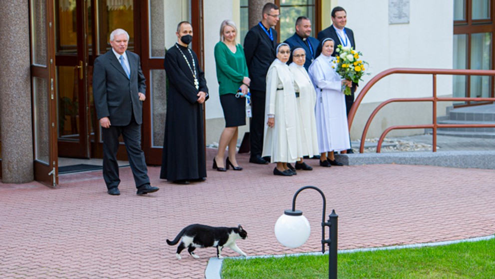 Kocúr kráča pred príchodom pápeža Františka na Apoštolskej nunciatúre.
