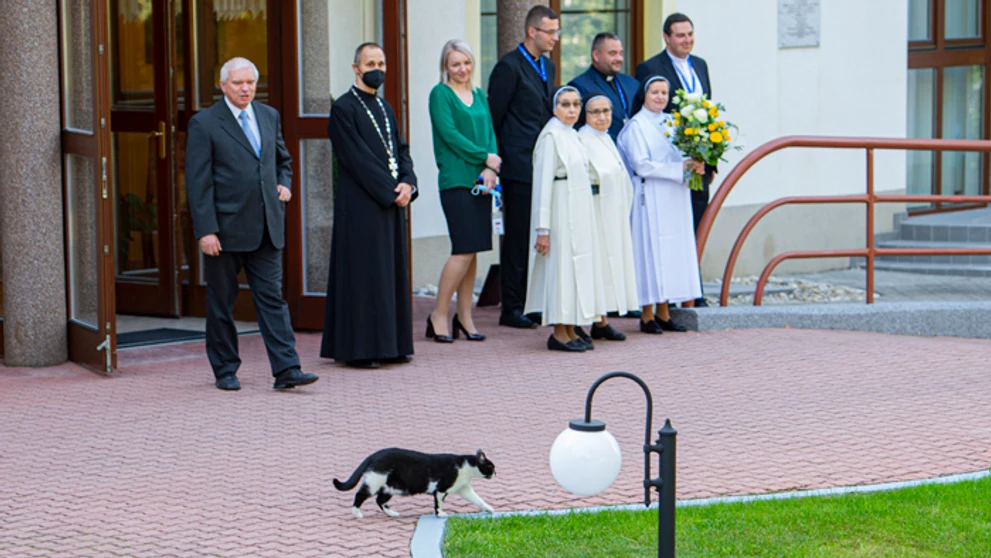 Kocúr kráča pred príchodom pápeža Františka na Apoštolskej nunciatúre.