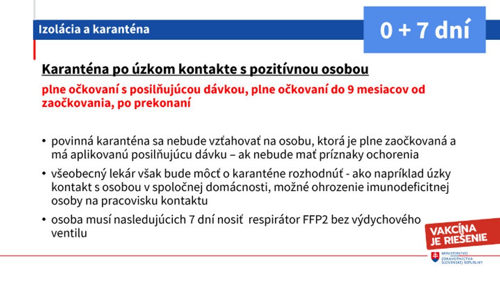 Karanténa po úzkom kontakte pre plne očkovaných a prekonavších.