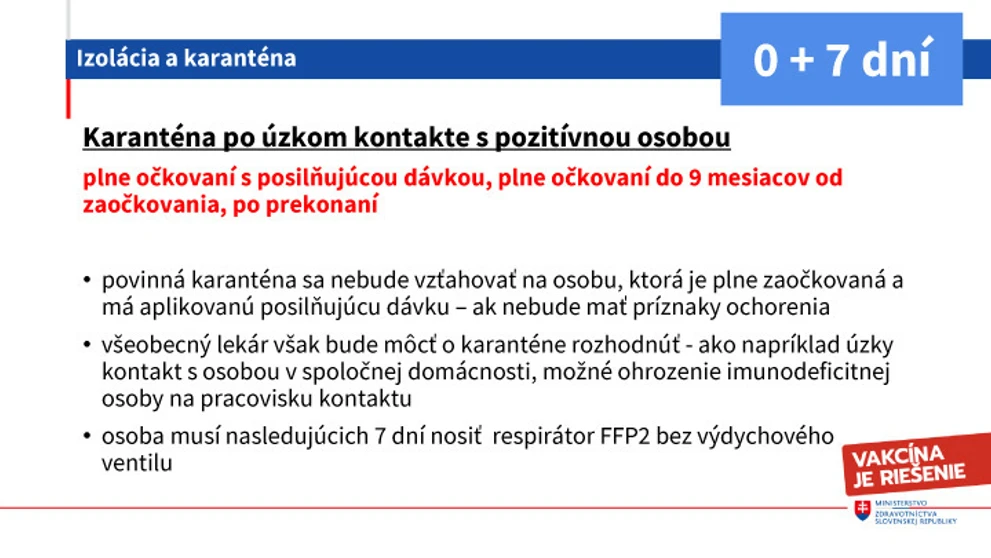 Karanténa po úzkom kontakte pre plne očkovaných a prekonavších.