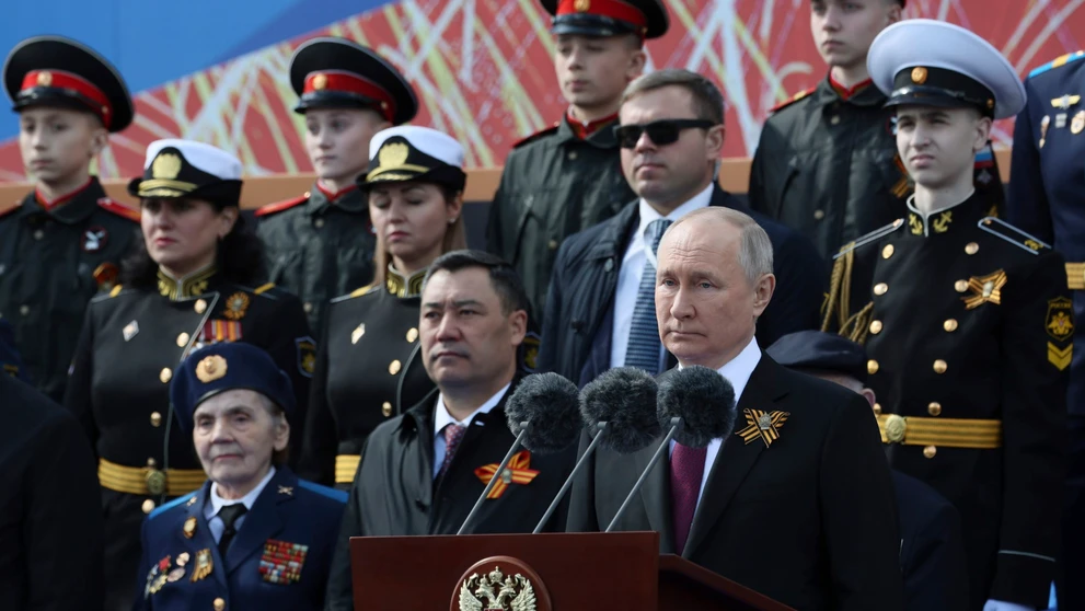 Vladimir Putin počas prejavu na vojenskej prehliadke.