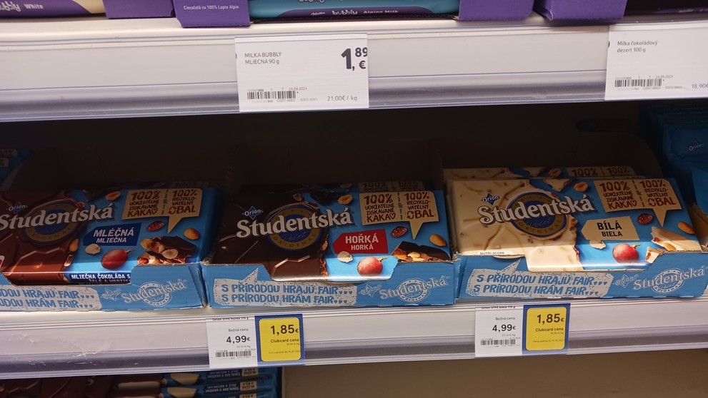 Ceny čokolád v jednotlivých obchodoch