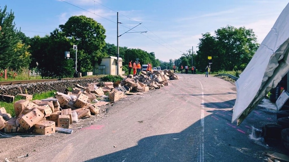 Zrážka vlaku s nákladiakom.