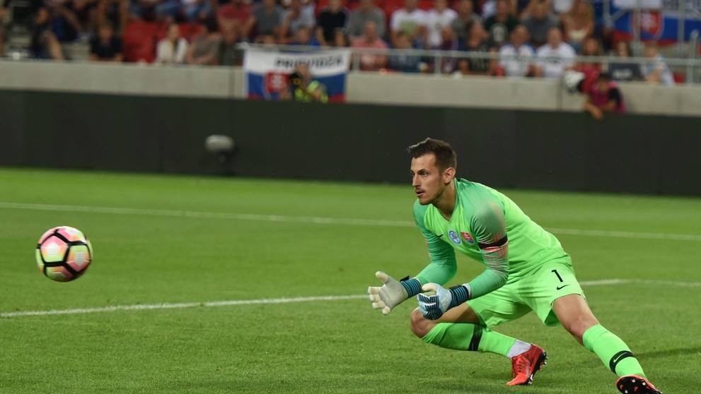 Brankár Slovenska Martin Dúbravka chytá loptu v príprave proti Holandsku.