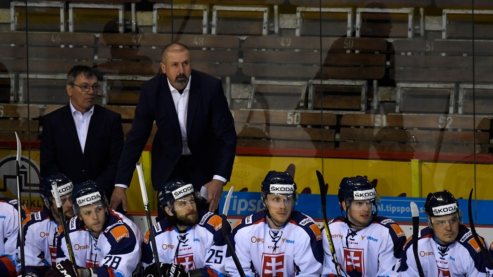 Slovenská striedačka  s trénerom Zdenom Cígerom (vpravo hore) a asistentom Miroslavom Milošovičom (vľavo)