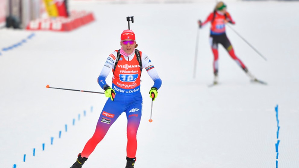 Biatlonistka Paulína Fialková v štafete v Ruhpoldingu.