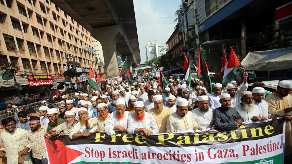 Protestný pochod na podporu Palestíny v Dhake.