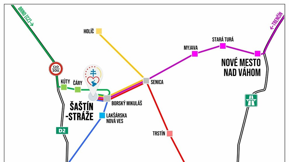 Mapa dojazdu autobusov v Šaštíne.