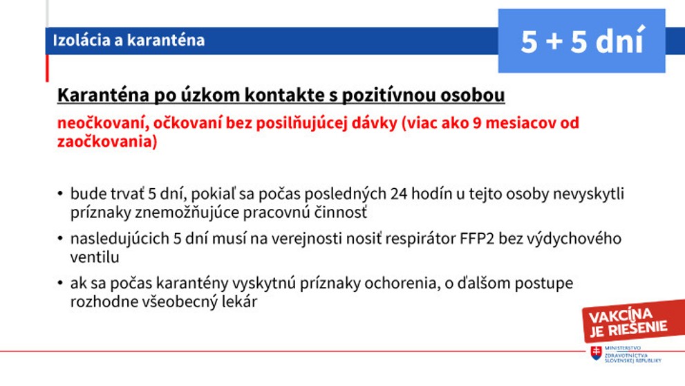 Pravidlá karantény po úzkom kontakte pre neočkovaných a ľudí po 2. dávke.