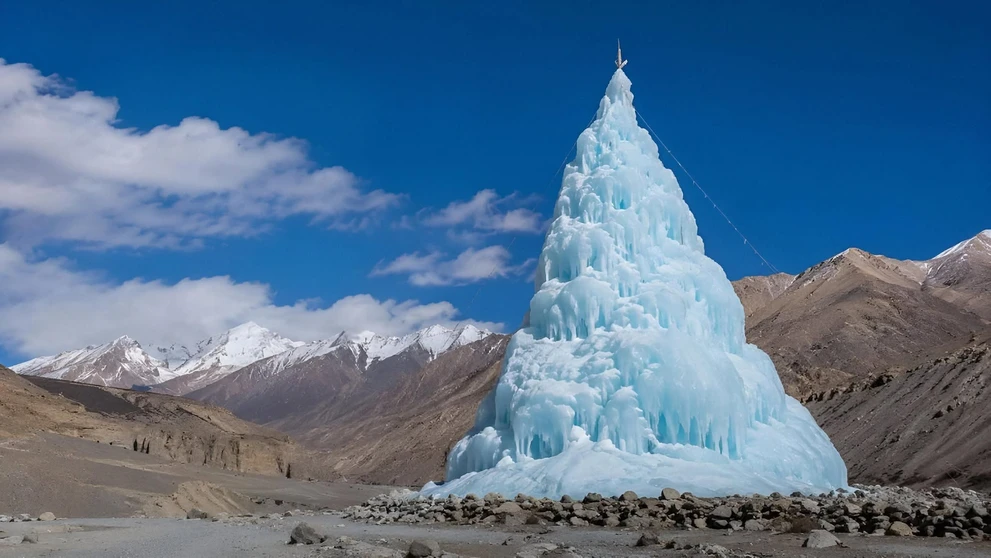 Ľadová stupa v púšti ladak.