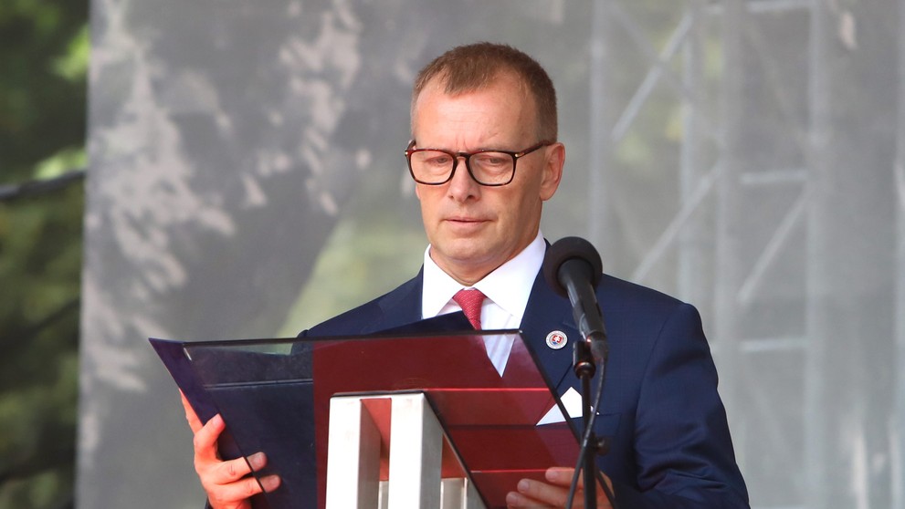 Predseda NR SR Boris Kollár počas príhovoru na celoštátnych oslavách 78. výročia SNP v areáli Múzea SNP v Banskej Bystrici.