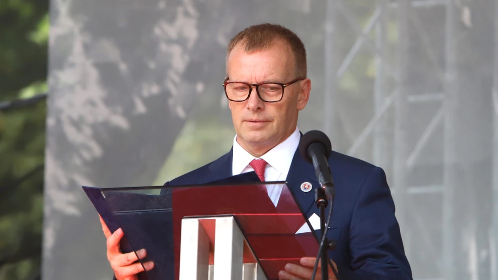 Predseda NR SR Boris Kollár počas príhovoru na celoštátnych oslavách 78. výročia SNP v areáli Múzea SNP v Banskej Bystrici.