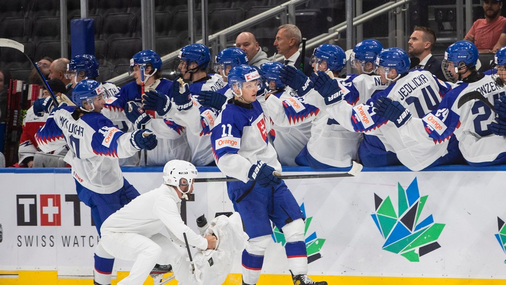 Matej Kašlík a Servác Petrovický oslavujú gól v prvej tretine