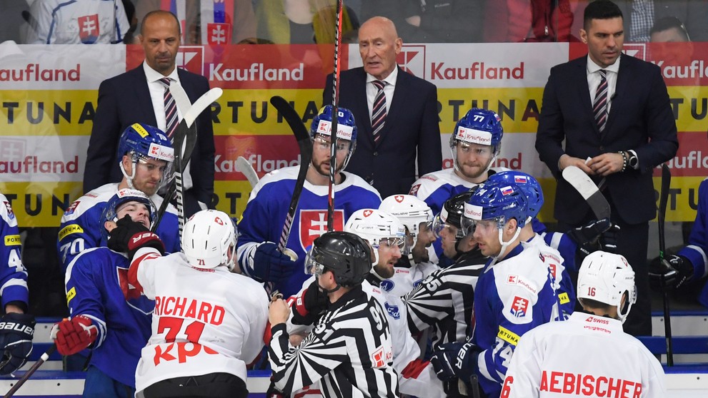 Na snímke šarvátka hokejistov Slovenska (modré dresy) a Švajčiarska (biele dresy) pred striedačkou Slovenska.