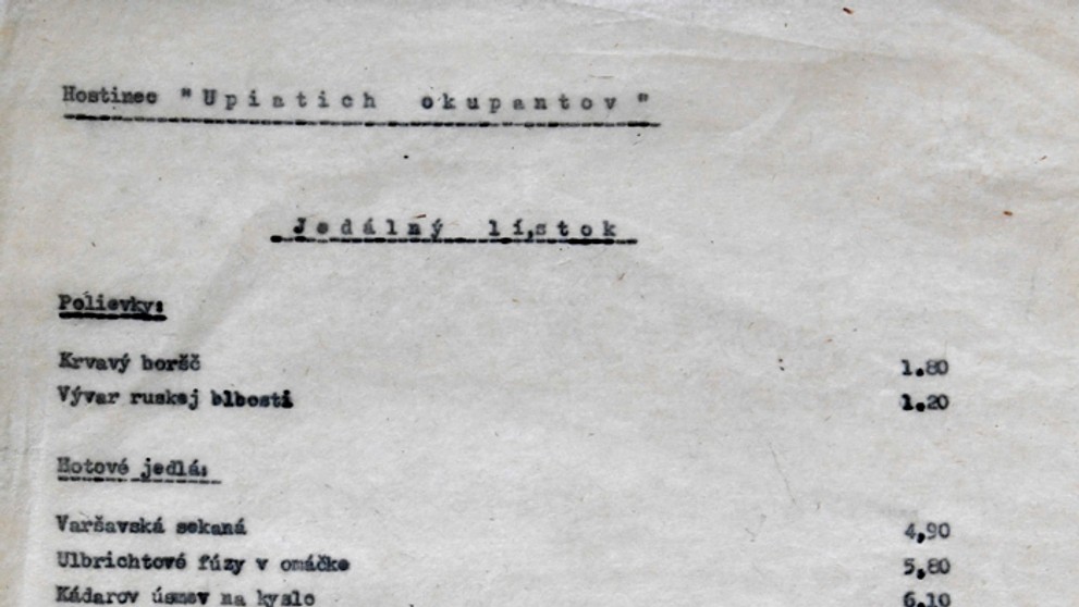 Jedálny lístok z hostinca U piatich okupantov, spomínajú sa v ňom vedúce osobnosti štátov, ktoré okupovali Československo.