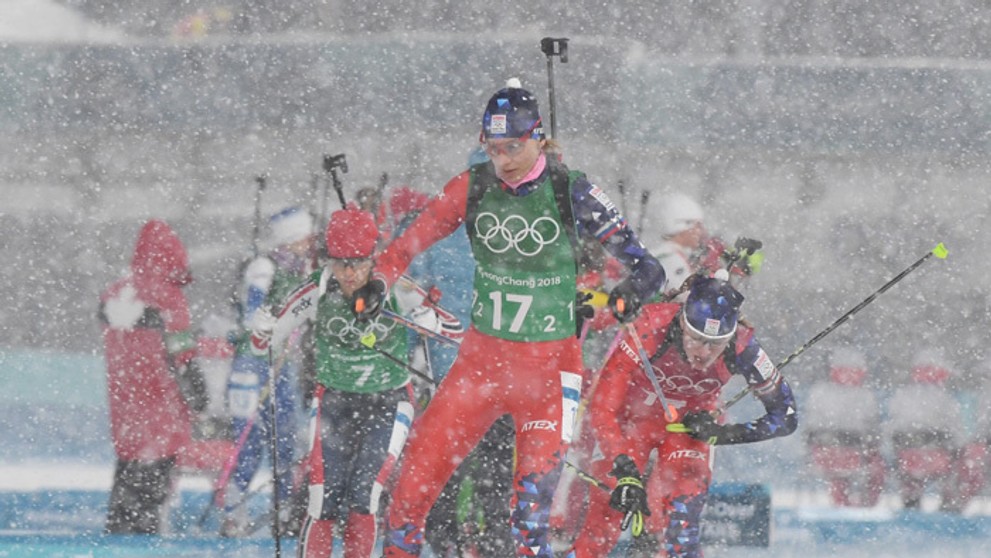Anastasia Kuzminová v štafete žien na 4x6 km na ZOH 2018 v juhokórejskom Pjongčangu.
