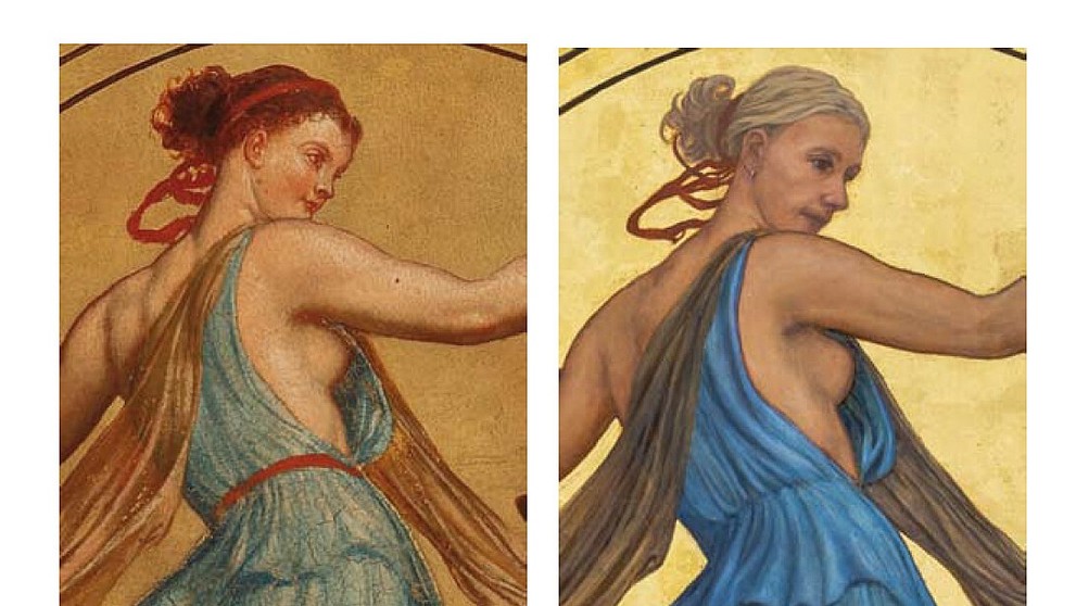 Mánesova pôvodná „postava panenská symbolizujúca znamenie Váh (Muzeum hlavního města Prahy) a jej pozmenená verzia na „kópii“ z roku 2018.