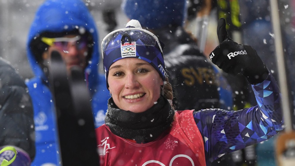 Paulína Fialková v cieli štafety žien na 4x6 km na ZOH.