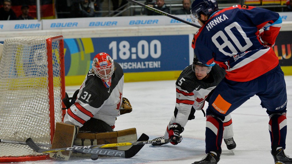 Tomáš Hrnka a kanadský brankár Barry Brust. 