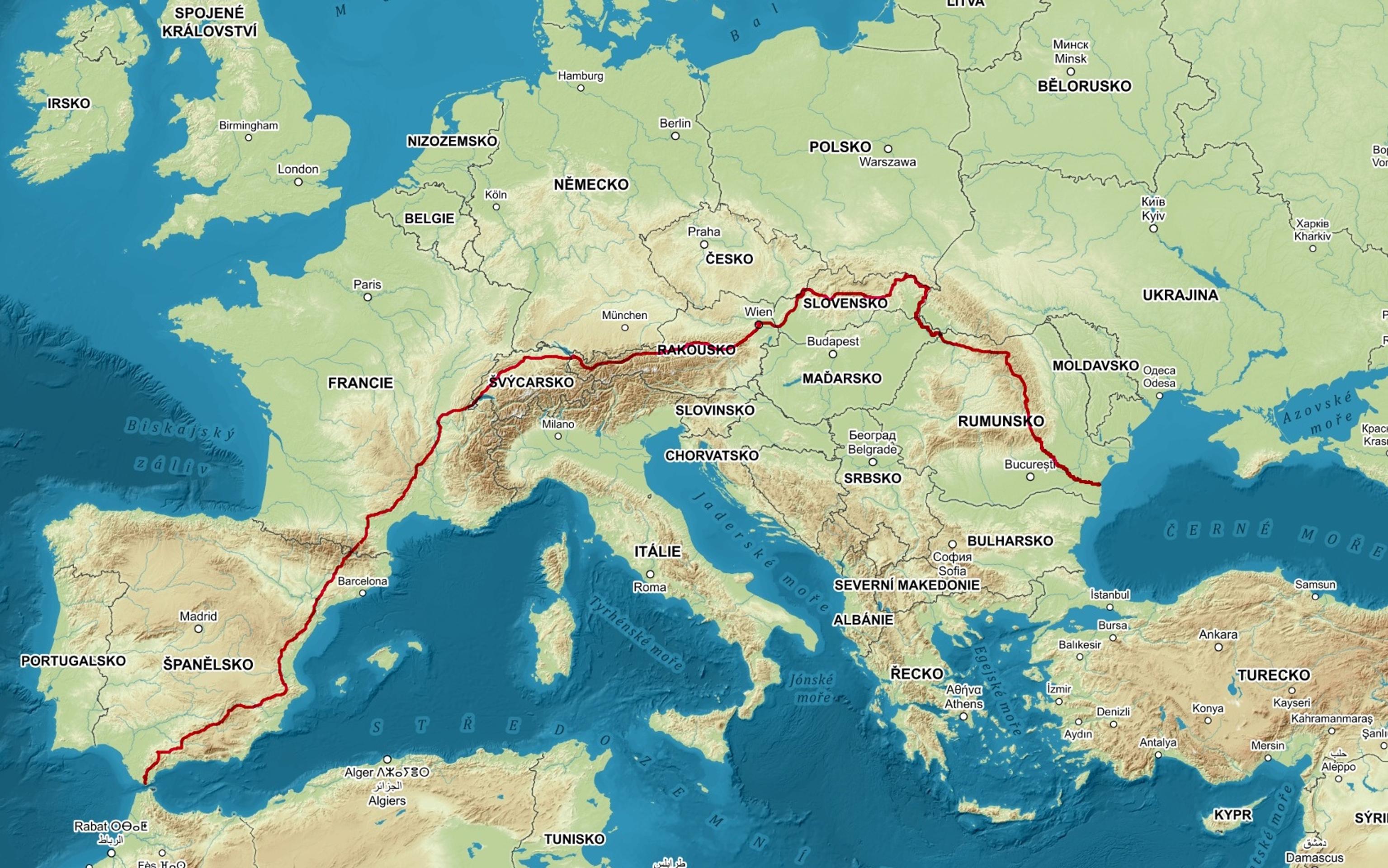 Trasa, ktorú si Peter naplánoval - od Atlantiku po Čierne more.