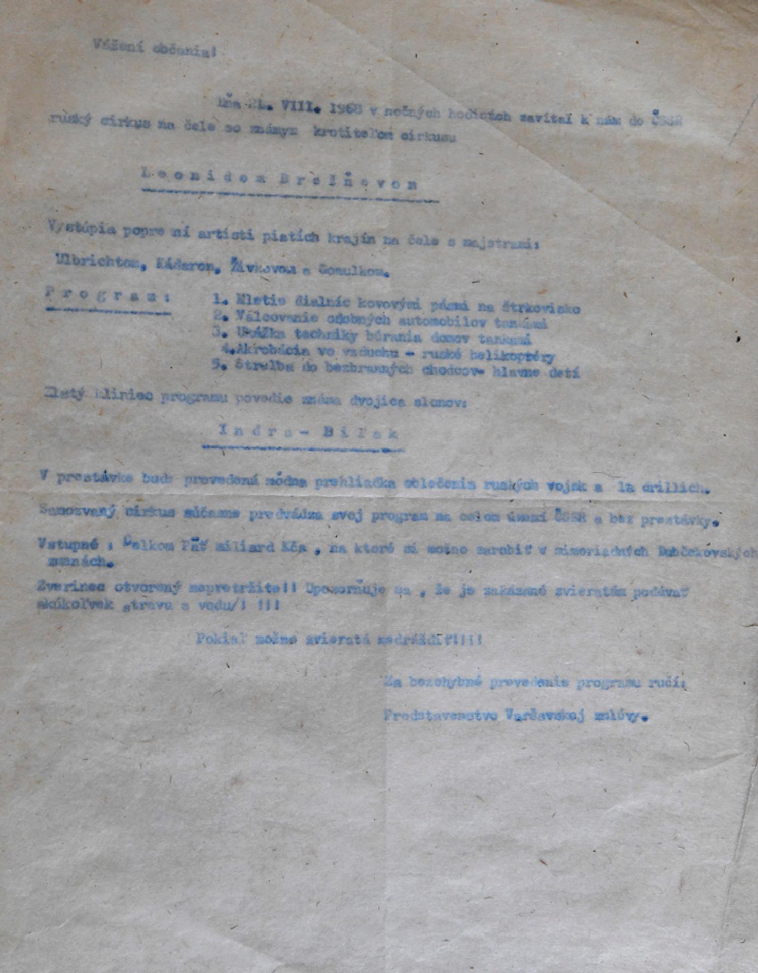 Leták, ktorý ironizuje situáciu v Československu ako keby to bol Brežnevov cirkus.