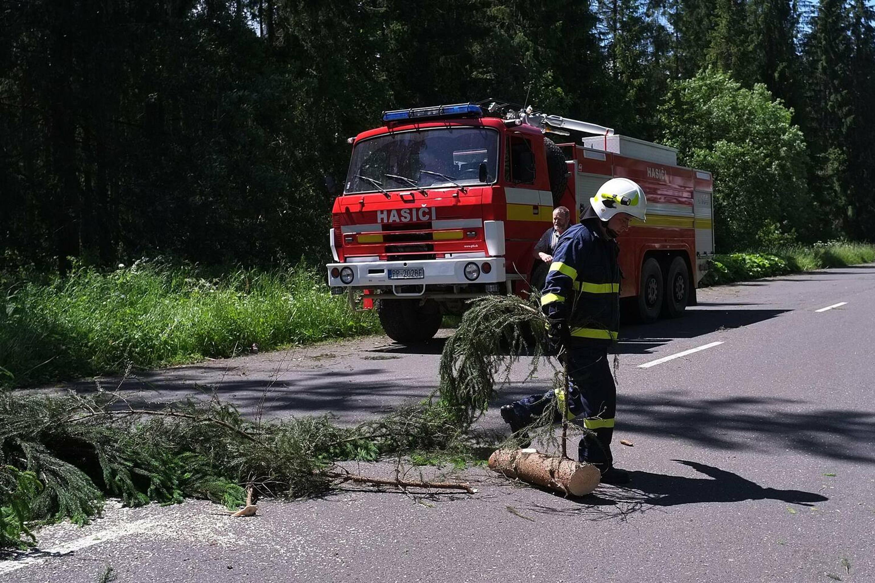 Na snímke hasiči a dobrovoľní hasiči zo Ždiaru odpratávajú popadané stromy z cesty