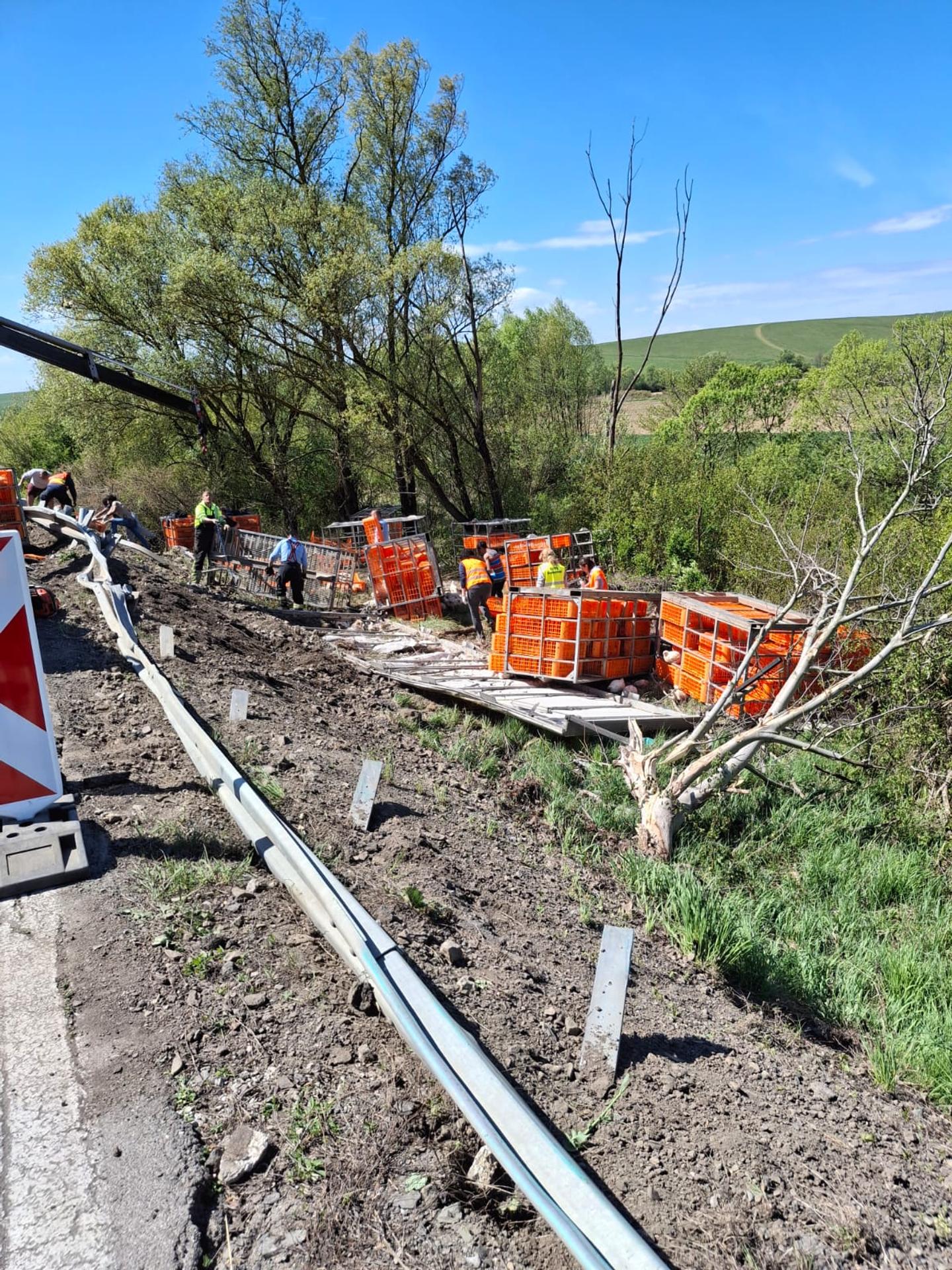 Prevrátený kamión plný hydiny.