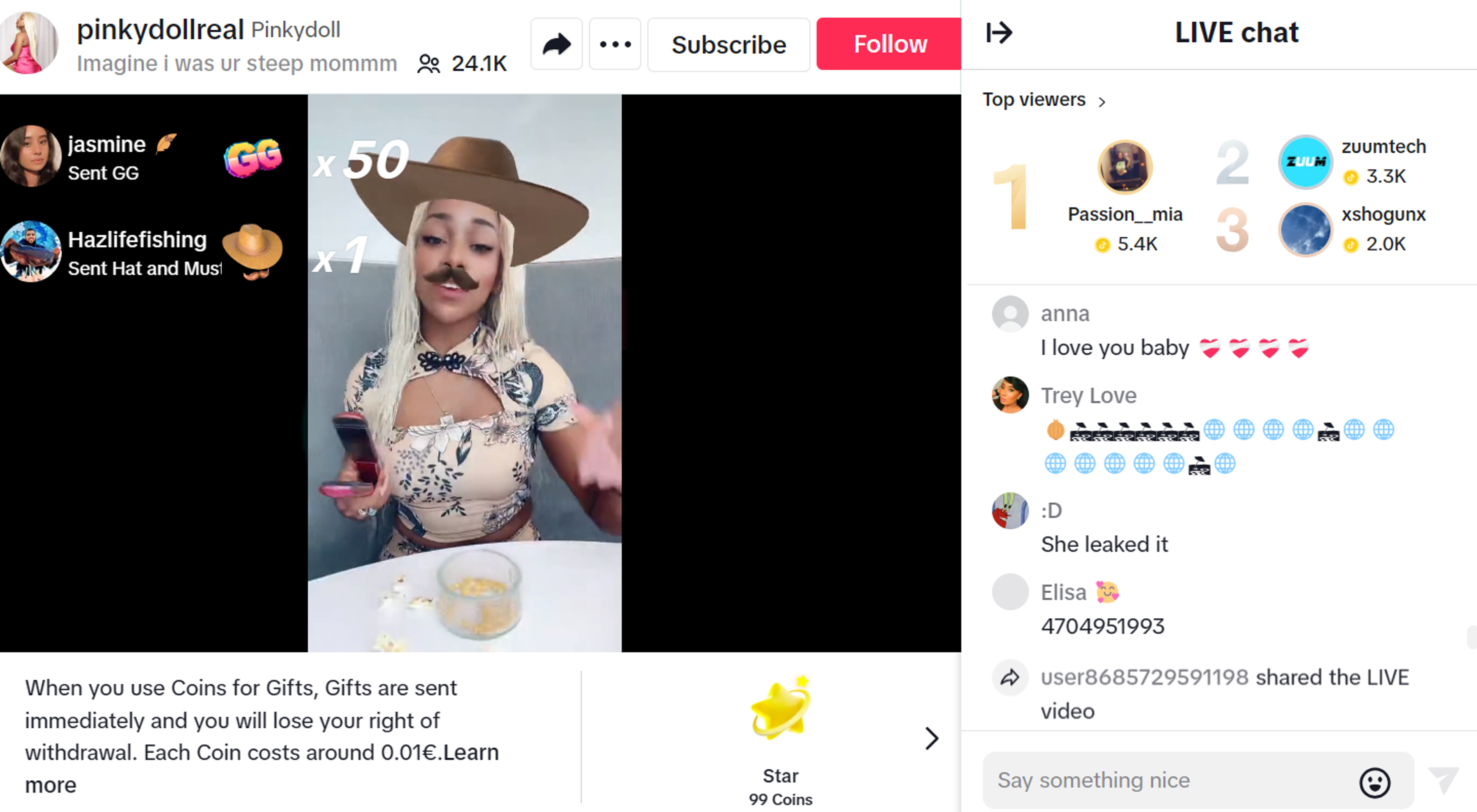 Živý prenos na TikToku Pinkydoll