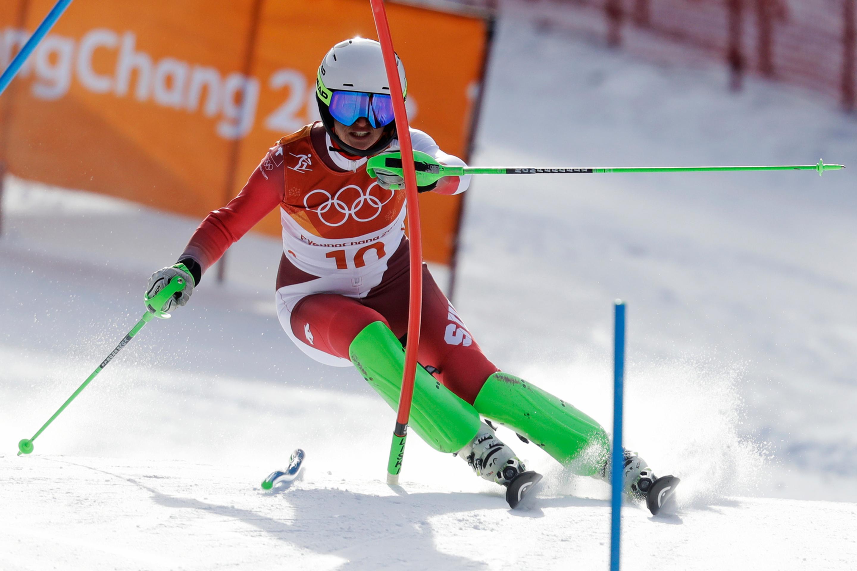 Nórka Nina Haverová-Losethová počas slalomu na ZOH 2018.