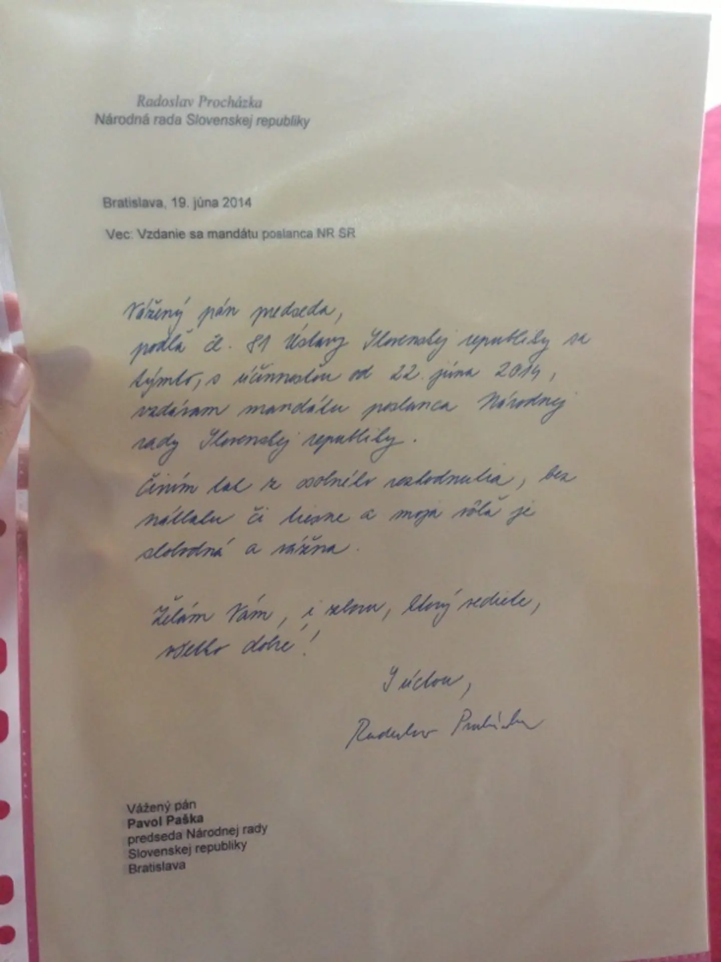 Rado Procházka sa vzdal poslaneckého mandátu
